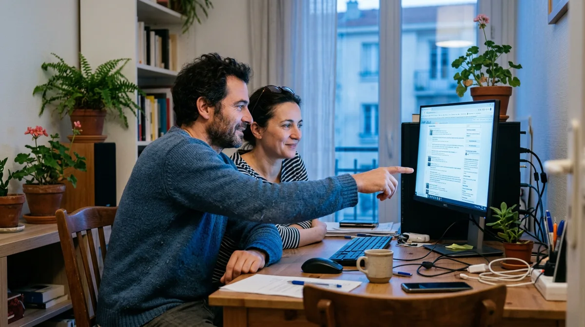 Un couple installé à son bureau, devant un écran où s'affiche la liste des organismes traités par ViderNet